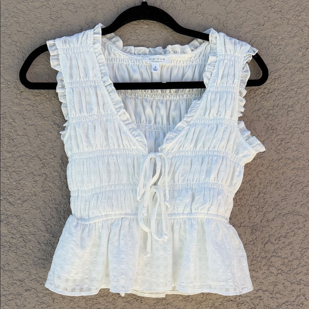 Kibou White Ruffled Tie-Front Peplum Blouse